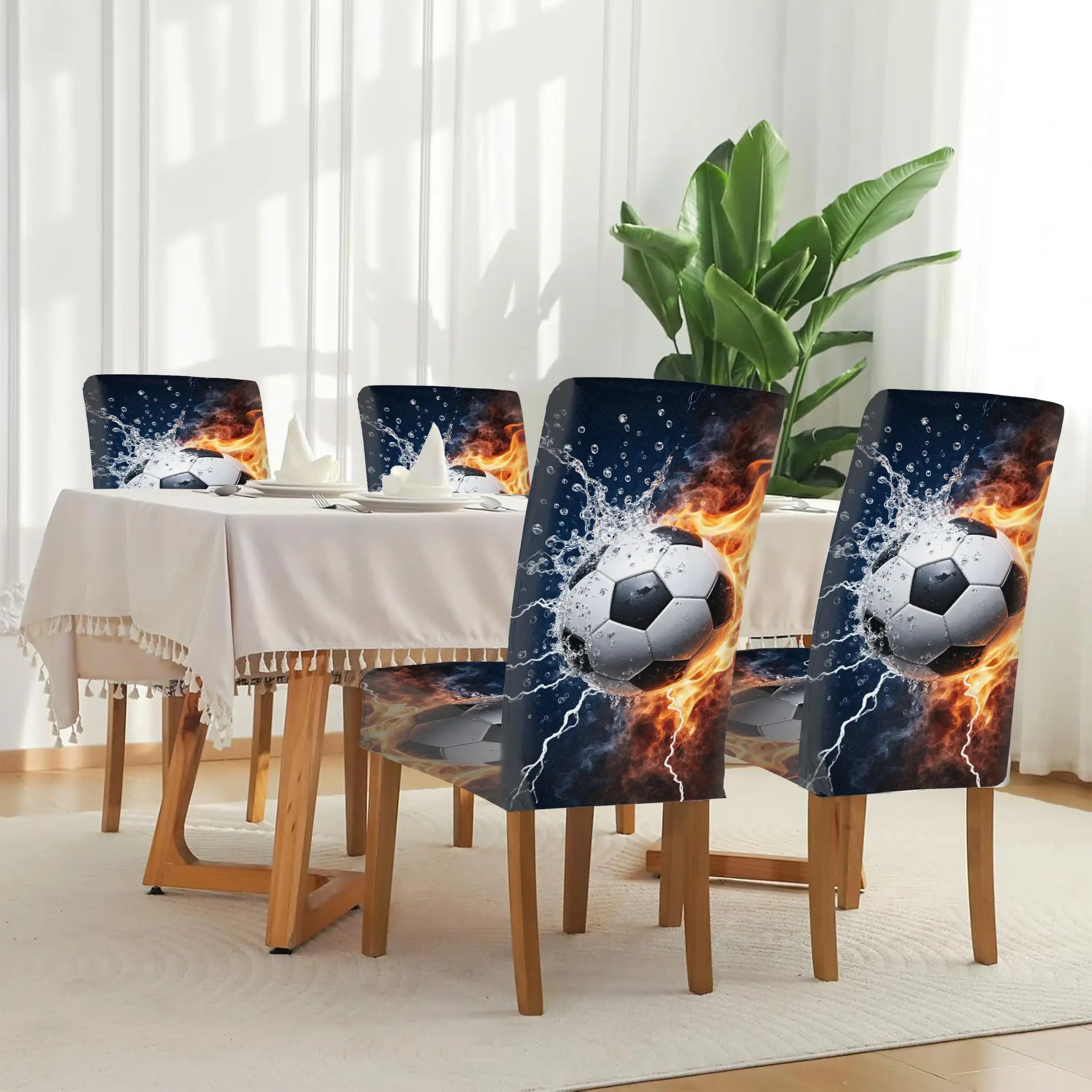 Elastic dining chair cover Black and white football dynamic water and fire combination removable, home dining chair cover