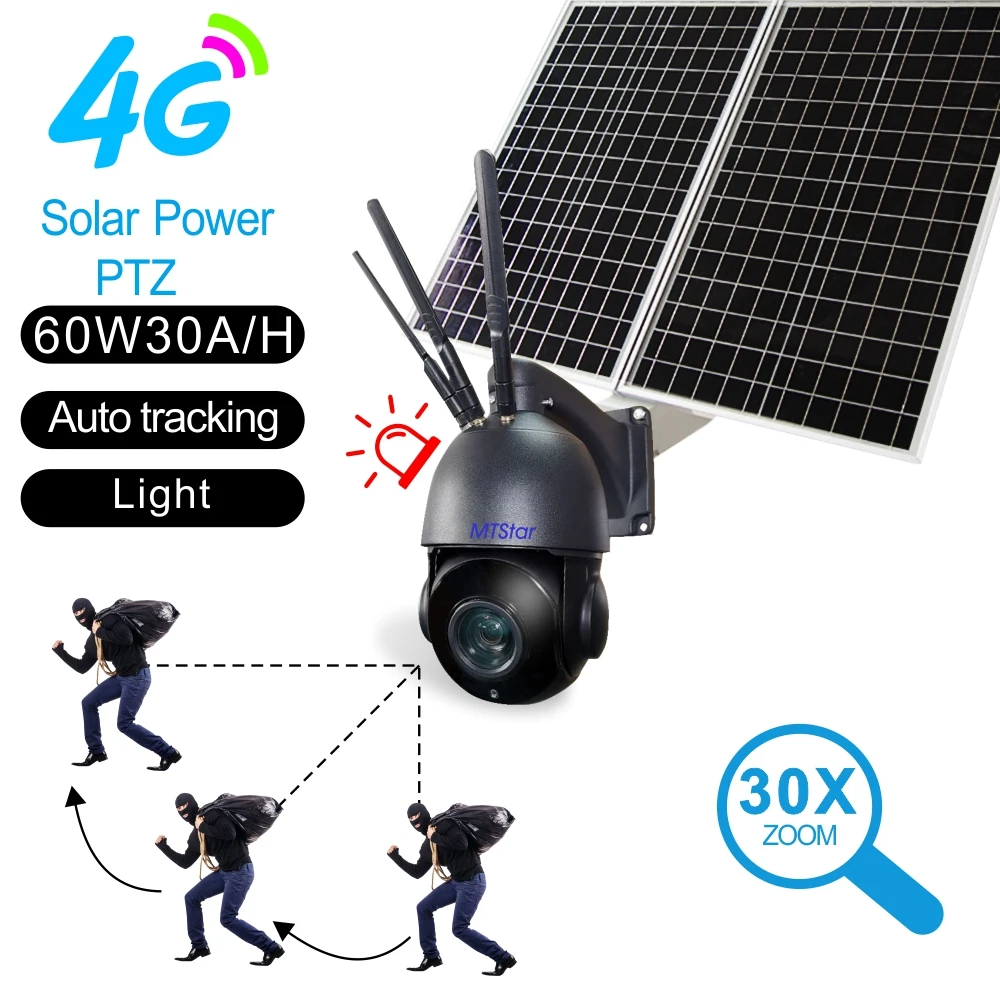 4G SIM Solar WIFI Camera PTZ Wireless 5MP 30X ZOOM With Solar Panel 60W Battery 30AH Outdoor CCTV Surveillance System