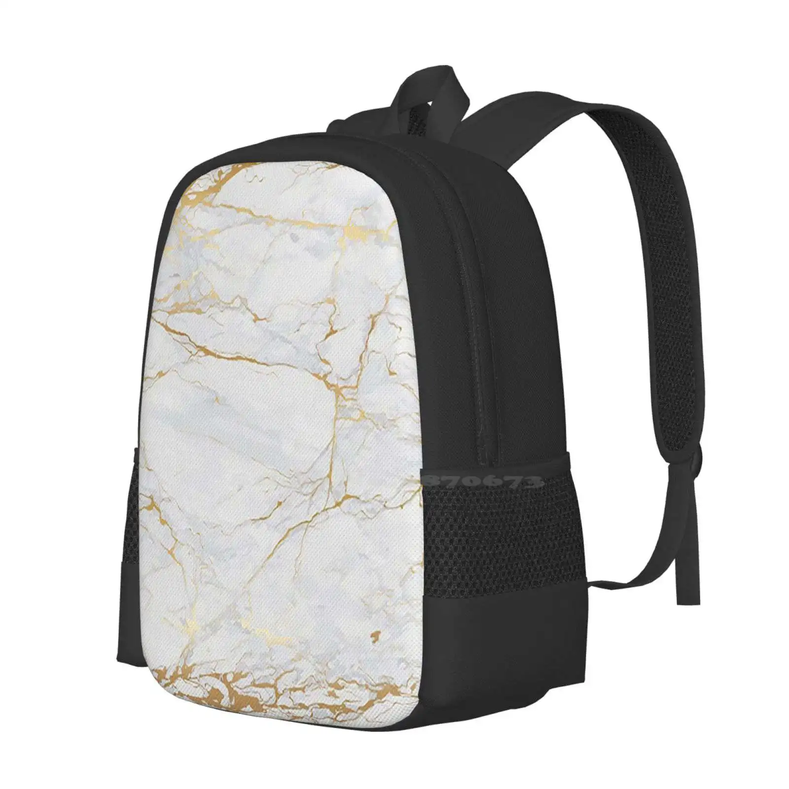 White And Gold Marble Hot Sale Schoolbag Backpack Fashion Bags Marble White Golden Stone Natural Cute Fun Trendy Trending