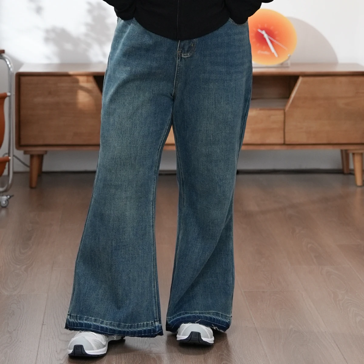 

Джинсы-клеш с эффектом похудения и рваным краем, большие размеры, женские, весна-лето, модные повседневные брюки