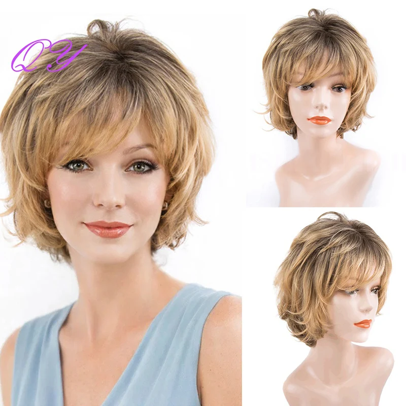 

Synthetic Short Layered Blonde Ombre Wig with Bangs for Women, Natural straight Heat Resistant Daily Wear & Party Wigs