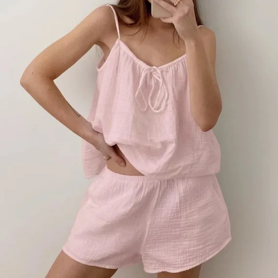 Summer Women's Double-Layer Cotton Cami Shorts Pajama Set