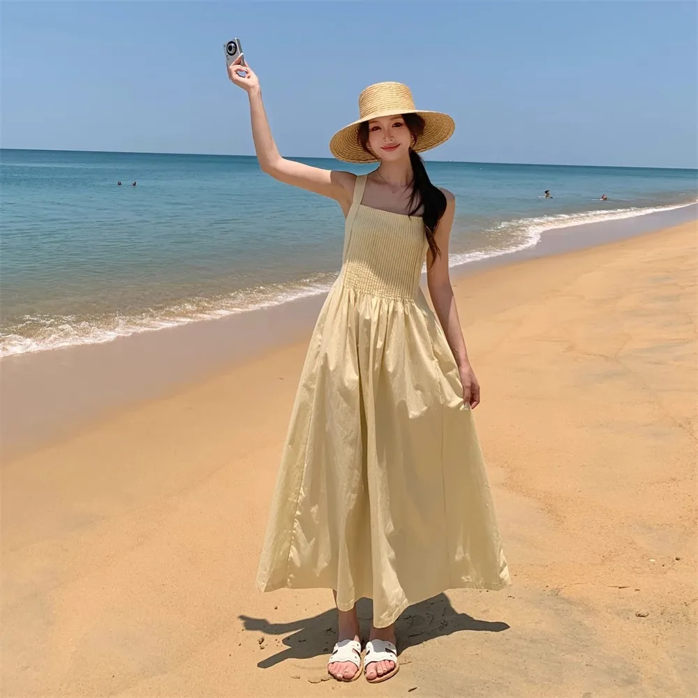 فساتين نسائية بدون أكمام أنيقة لضيف حفل الزفاف الصيف زين مطرزة تجمع Shiring Smocking التدريبات مطرز