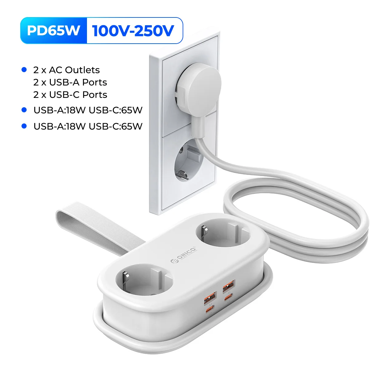 ORICO Cable-Wrap Draagbare reisstekkerdoos 65 W GaN snellaadstation met 2 stopcontacten 2 USB 2 Type-C EU-stekkeradapter Thuis