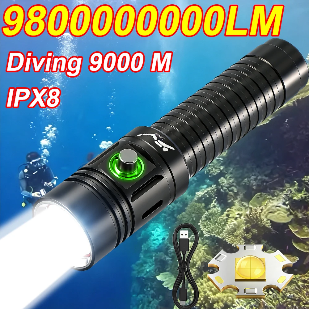 9800000000LM Diving Flashlight Powerful LED Diving Light Underwater Torch Waterproof Portable Lamps Survival Fishing Flashlights