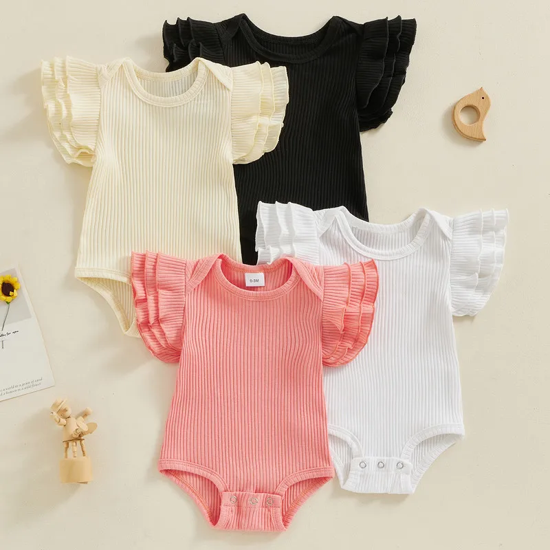 

Newborn Baby Girls Bodysuit Summer Clothes Solid Color Crew Neck Three Layered Fly Sleeve Infant Ribbed Knit Jumpsuits