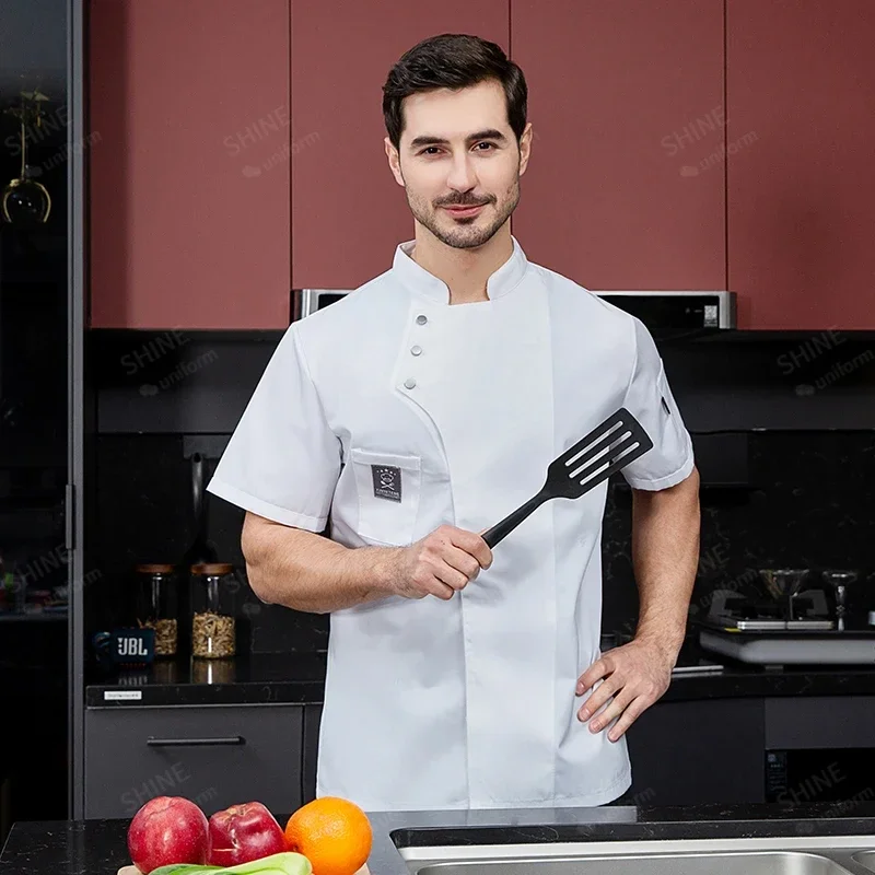 Uniforme de chef de cuisine à manches courtes pour hommes, chemise de restaurant, manteau de chef Chamonix, robe de chef respirante, vestes longues, tablier