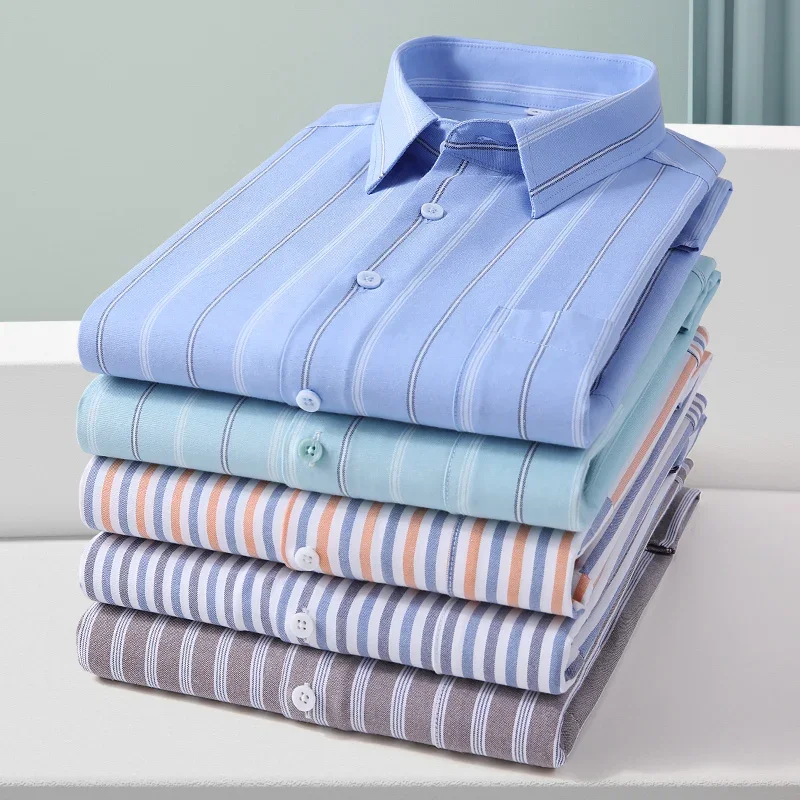 100% Pure Cotton Oxford Men\'s Striped Shirt Long Sleeve Regular Fit Men Pocket Casual Shirt Leisure Autumn Male Blouse S-8XL