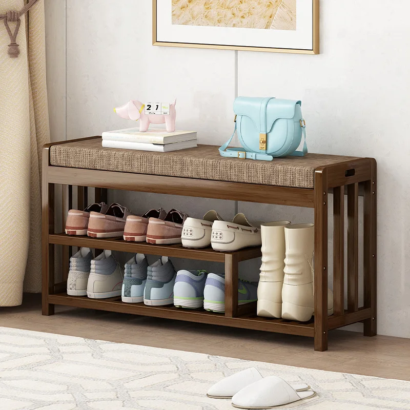Multilayer Bamboo Shoe Bench with Soft Cushion Entryway Seat Shoe Rack Sturdy Sit-On Shoe Organizer or Hallway