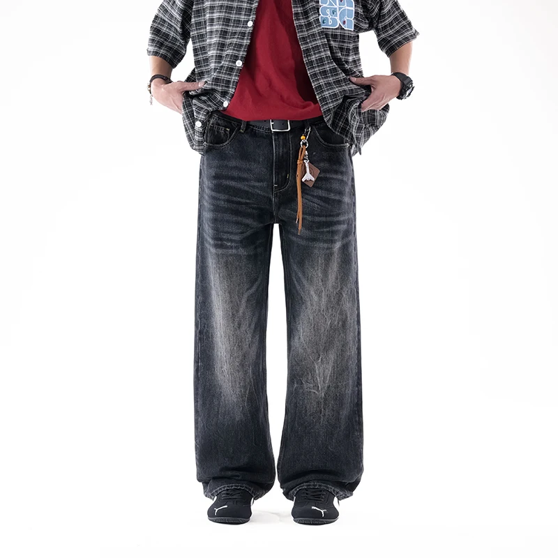 

Men Summer Black Gray Cat Whisker Simple Wide Leg Straight Jeans Casual Daily Denim Pants Oversized Jeans No Accessories