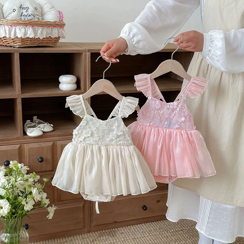 MILANCEL Neuer Baby-Body, 3–24 Monate, süßes Glitzer-Blumen-Kleinkind-Hosenträgerkleid, Sommer-Mädchen-Spitzenkleid, einteiliges Kleid für Kleinkinder