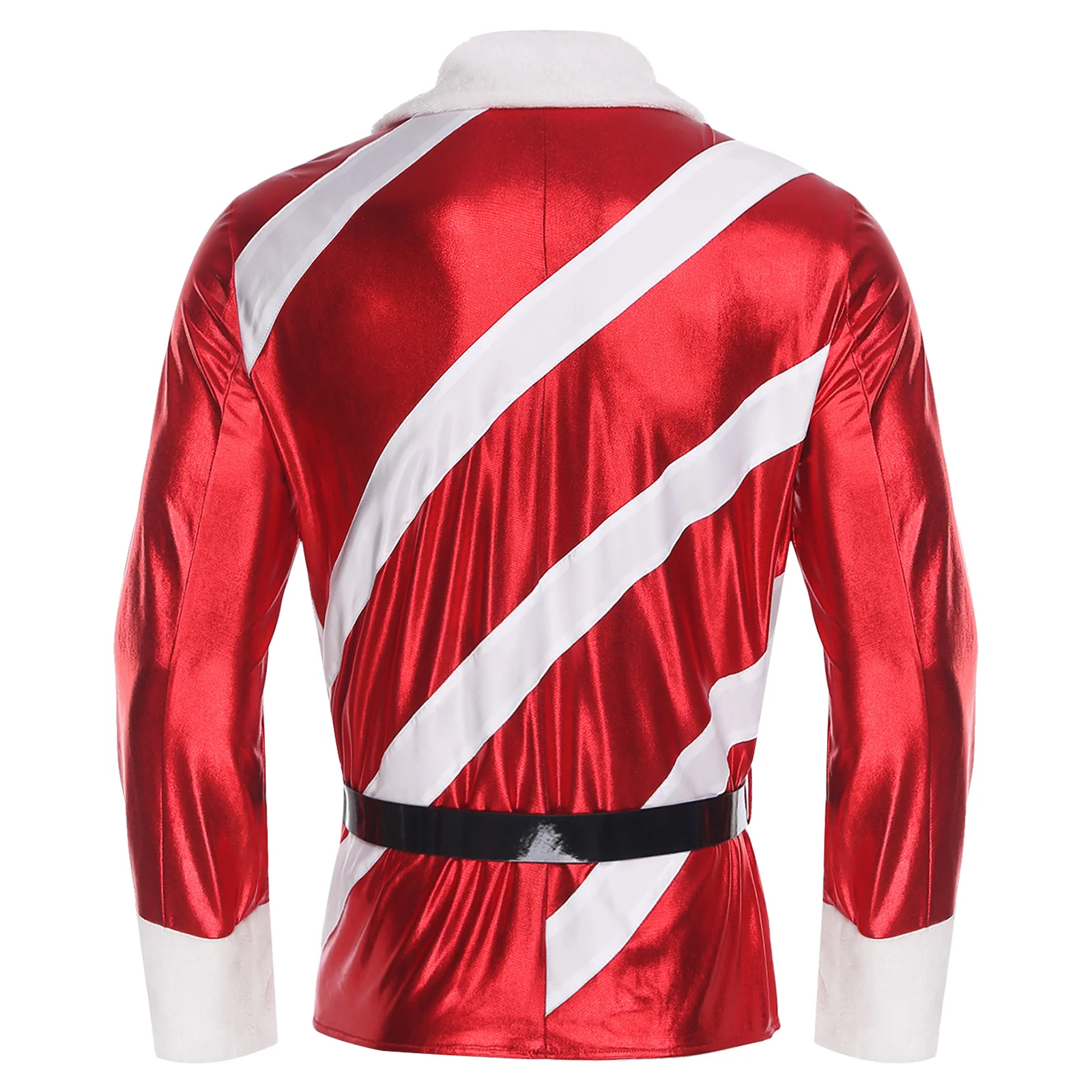 رجل سانتا سترة قمم عيد الميلاد عيد الميلاد تأثيري أداء زيبر مخطط معطف معدني مع حزام جلد صناعي قابل للتعديل #4