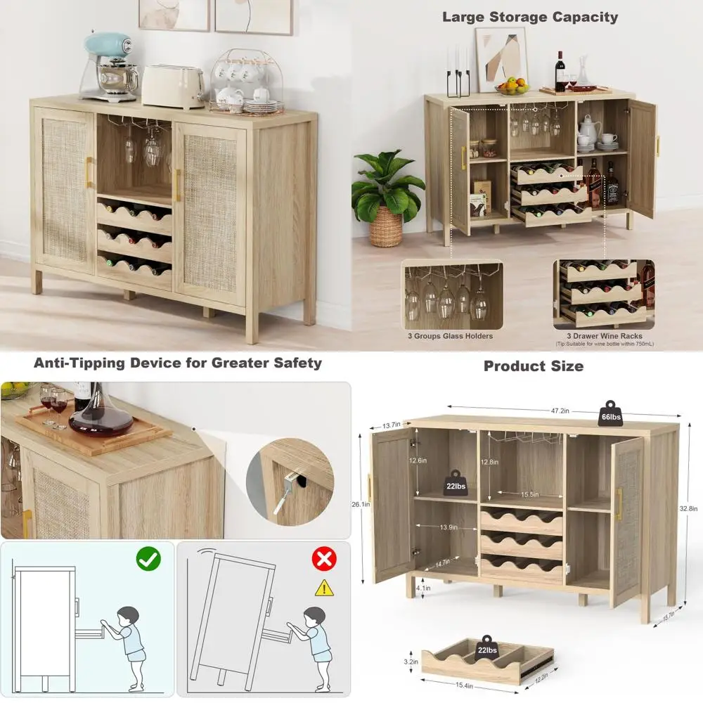 

Барный шкаф из ротанга в богемном стиле с держателями для стаканов, тумба для хранения с отделкой под дуб для домашнего бара в гостиной/столовой