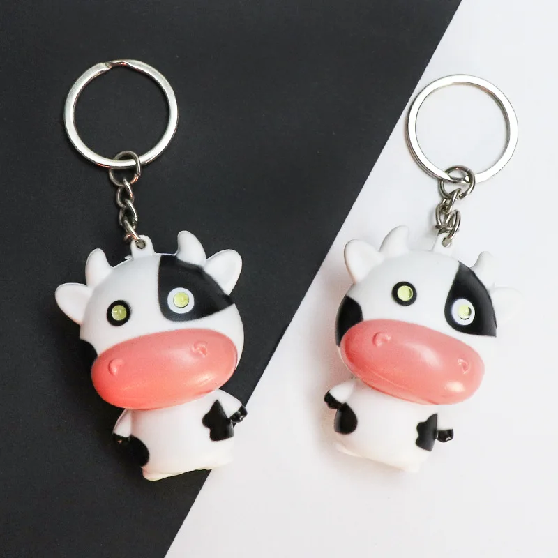 Cute Cow LED Sound Keychain Mini Illuminating Key Ring Fashion Bag Pendant Creative Daily Decor Accessory For Adults