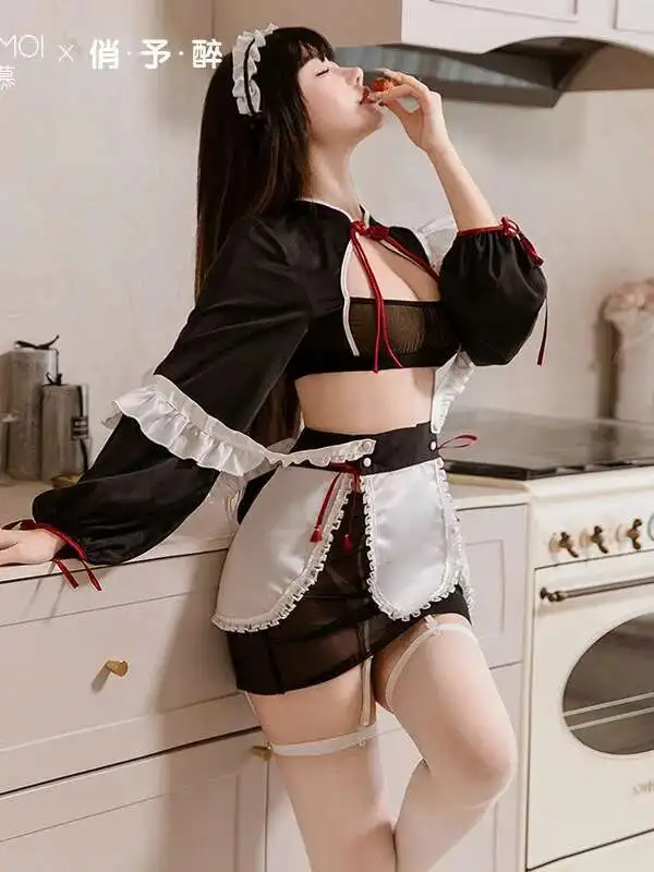 Feimu Style National nouveau charme femme de chambre uniforme maille transparente tentation sous-vêtements Sexy Sexy pur désir robe élégante haut doux 34E5