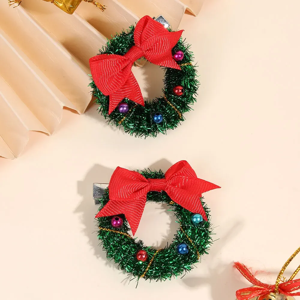 2Pcs Cartoon Santa Claus Hair Clips For Girls Christmas Garland Hairpin Kids New Year Gifts Ribbon Bowknot Hairgrip Headwear