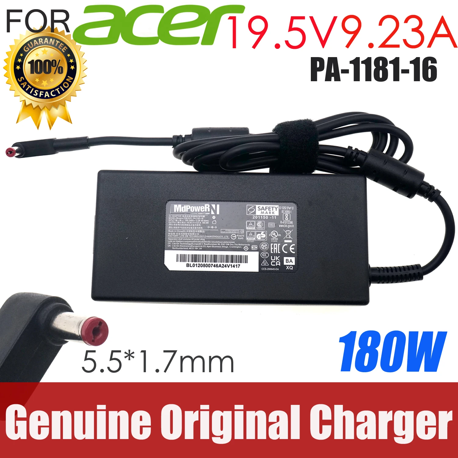 

Original LITEON PA-1181-16 180W AC Adapter Laptop Power Charger For ACER Predator Helios 300 Series N17C1 PH315-51 19.5V 9.23A