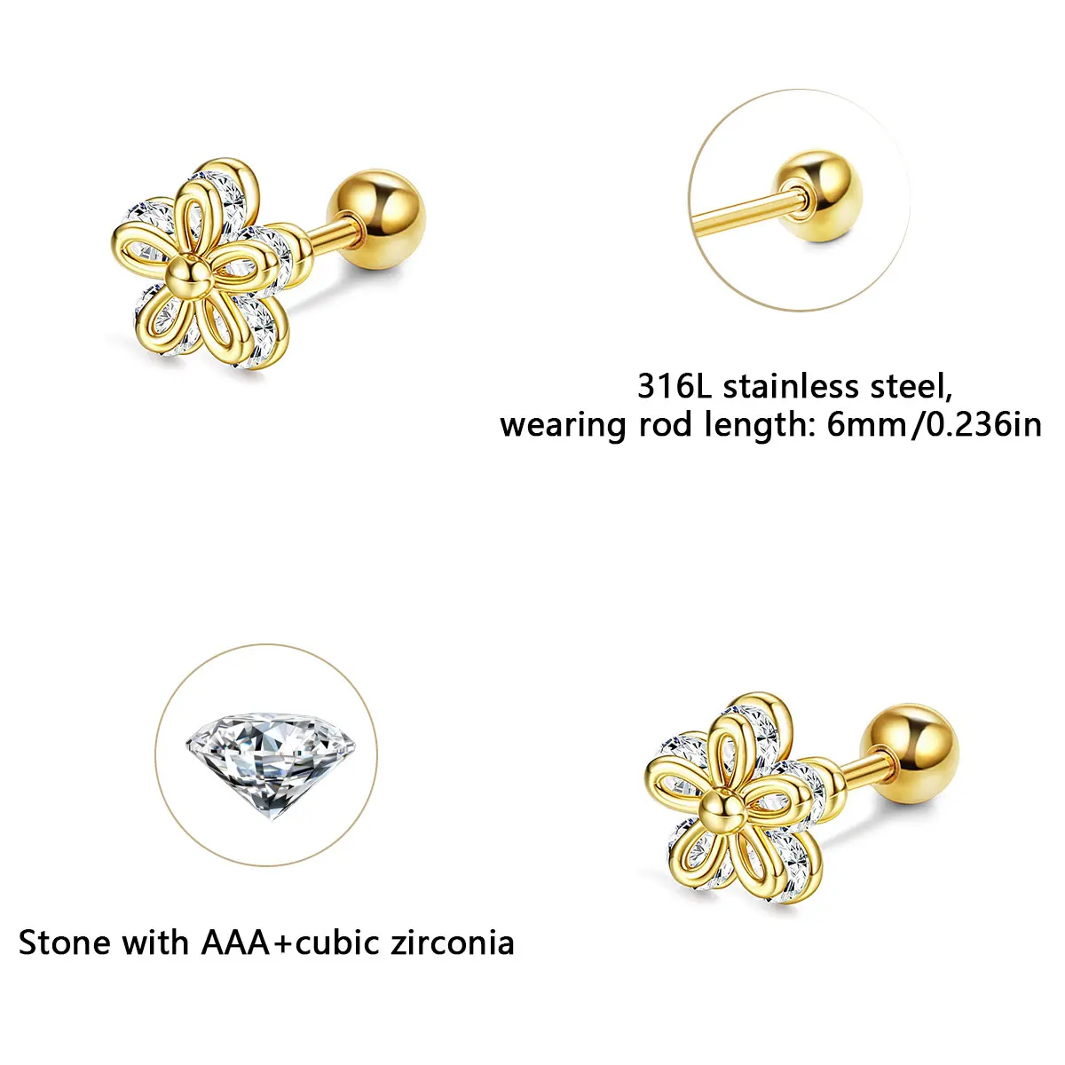 1 pair of everyday everything sweet earrings, double shiny zircon flower earrings for women and girls