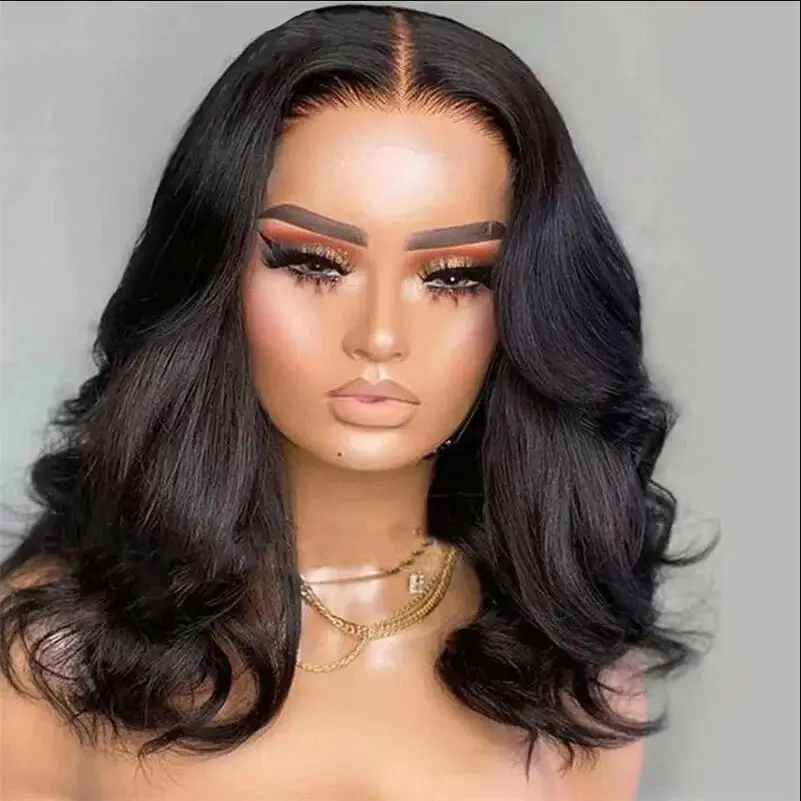 

Bob Soft Natural Black Body 16“ Wave 5x5 Silk Base Glueless Jewish Human Hair Wig With Baby Hair HD Lace European Preplucked