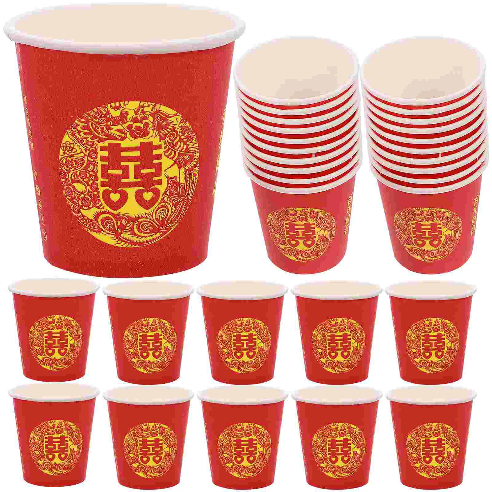 

100 Pcs Red Double Happiness Glass Party Cups Wedding Iced Practical Paper Chinese-style Thicken Lightweight