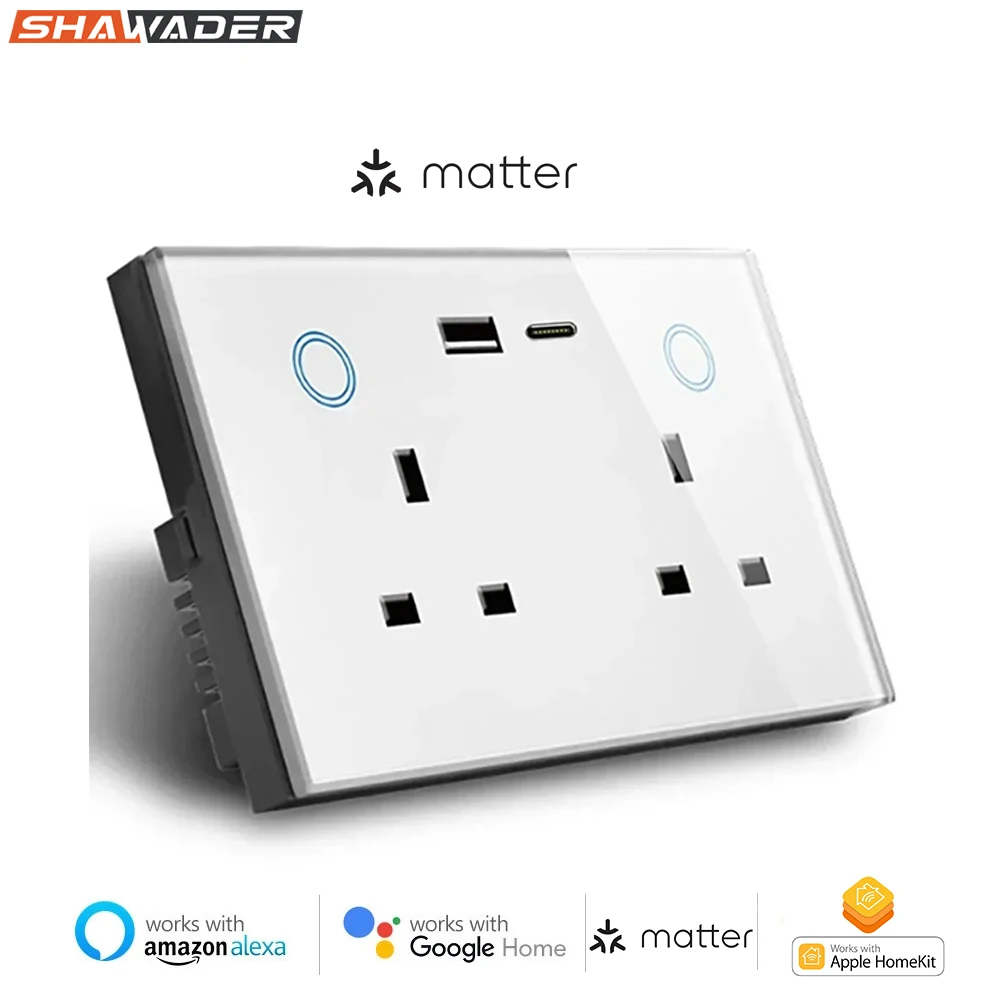

Shawader Matter Smart Tuya USB TypeC PD 20 Вт Настенная розетка Британская розетка Мониторинг электричества Беспроводной пульт дистанционного управления Alexa Google Home