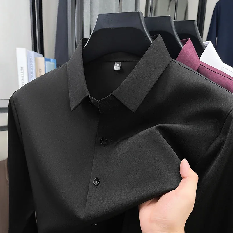 Men's Solid Color Long Sleeve Button Up Shirt Wrinkle Resistant Ice Silk Fabric For Business And Daily Wear