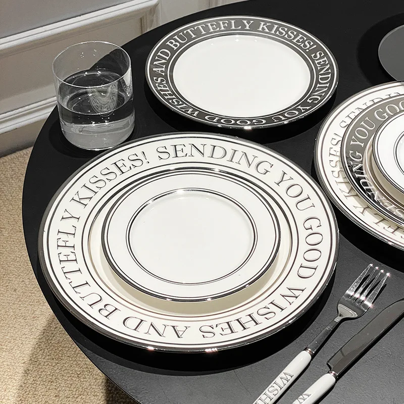 Silver Edge Full Tableware of Plates, Dinner Set, White Plate Dish, Kitchen Dishes, Dinnerware, Dining Bar, Home Garden