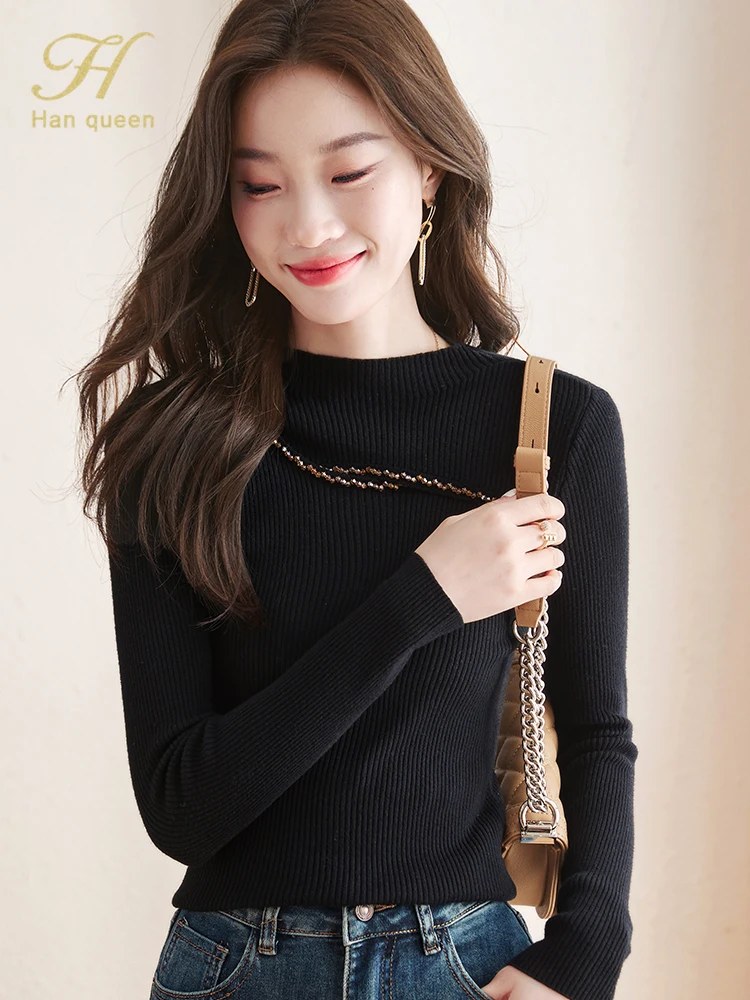 H Han Queen 2024 Autumn Winter New Korean Elastic Knit Pullover Sweater Fashion Simple Basic Knitted Bottoming Shirt Sweater Top