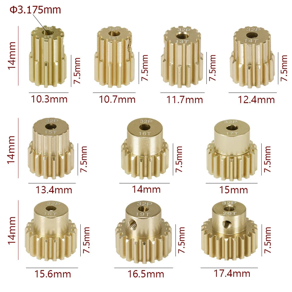 3 SZTUK 32P 3,175 mm zębatka silnika 7075 Stop aluminium 11T 12T 13T 14T 15T 16T 17T 18T 19T 20T dla 1/10 1/8 RC Car