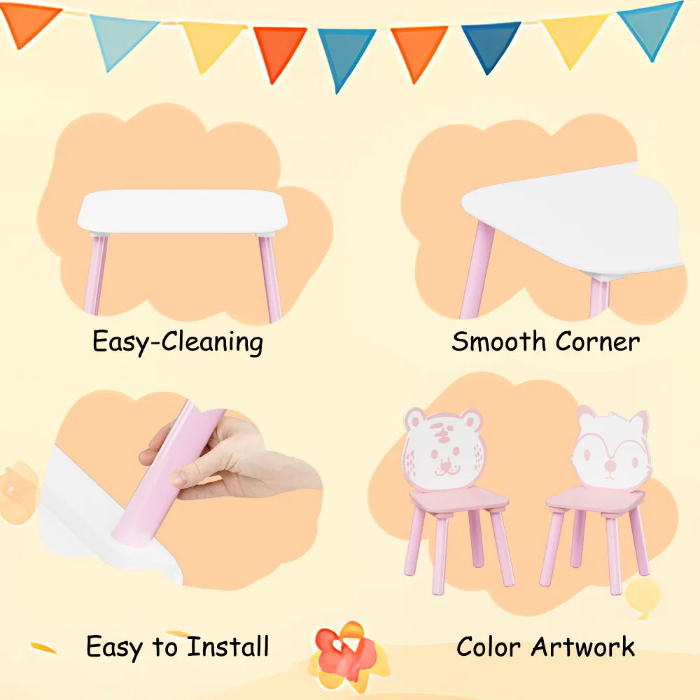 Orraves Kids Table and Chair Set, 3-Piece Wooden Toddler Desk with Animal Backrest, Activity Table for Drawing, Learning,Playroom or Nursery(Pink&White)
