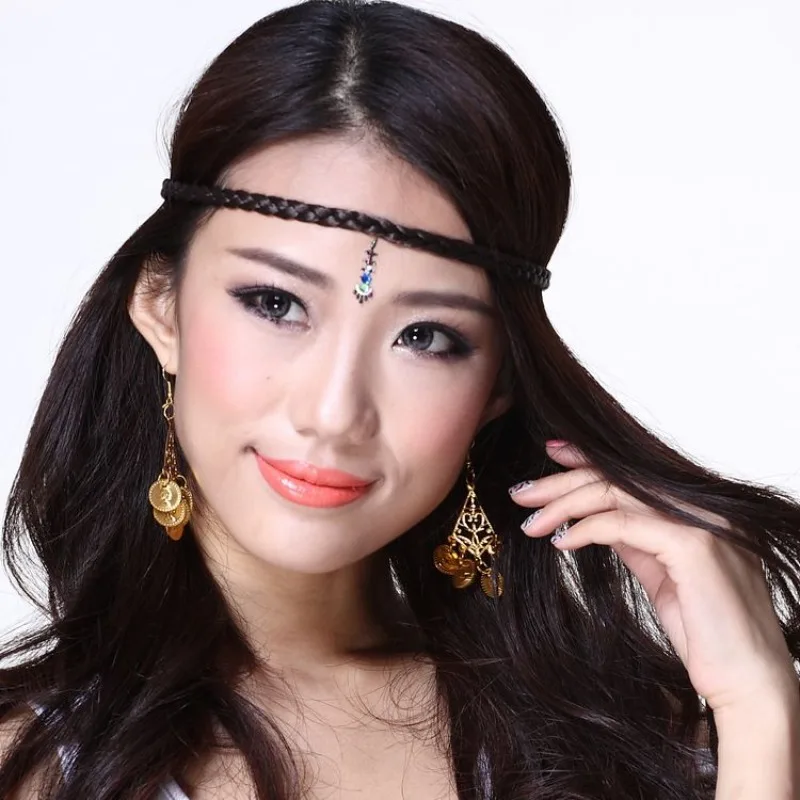 Customized Belly Hair Rope Dance Headdress with Accessories Elastic Fried Dough Twists Braid Headband Wig Forehead Band