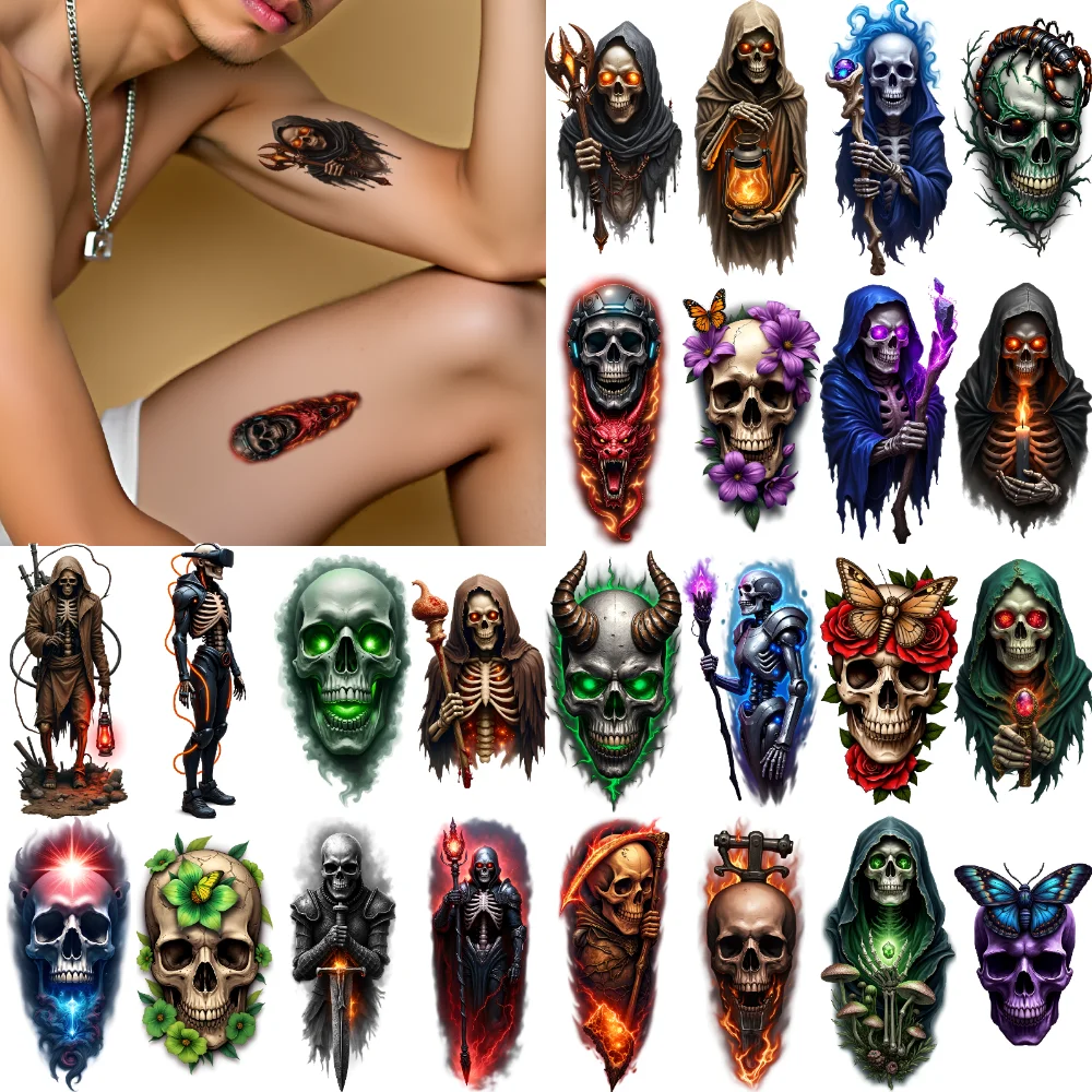 

9pcs Temporary Tattoo Scythe Waterproof Long-lasting Body Stickers Skull Sword Realistic Temporary Tattoos Butterfly For