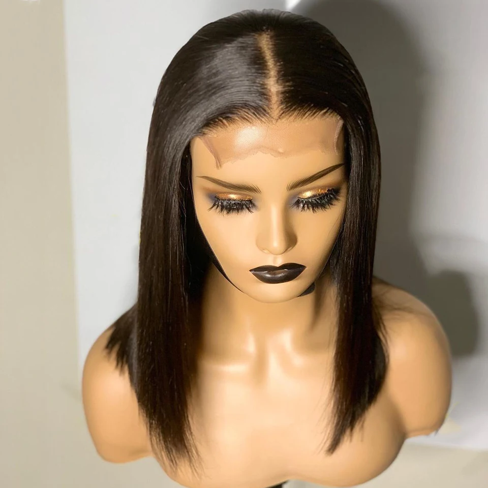 Soft Natural Black 180%Density Short Cut Bob Silky Straight  Deep Lace Front Wig For Black Women With BabyHair Preplucked Daily