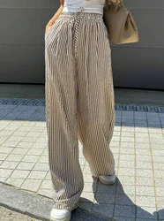 Striped printed wide leg pants casual drawstring waist pocket loose spring and summer pants, womens mature pants