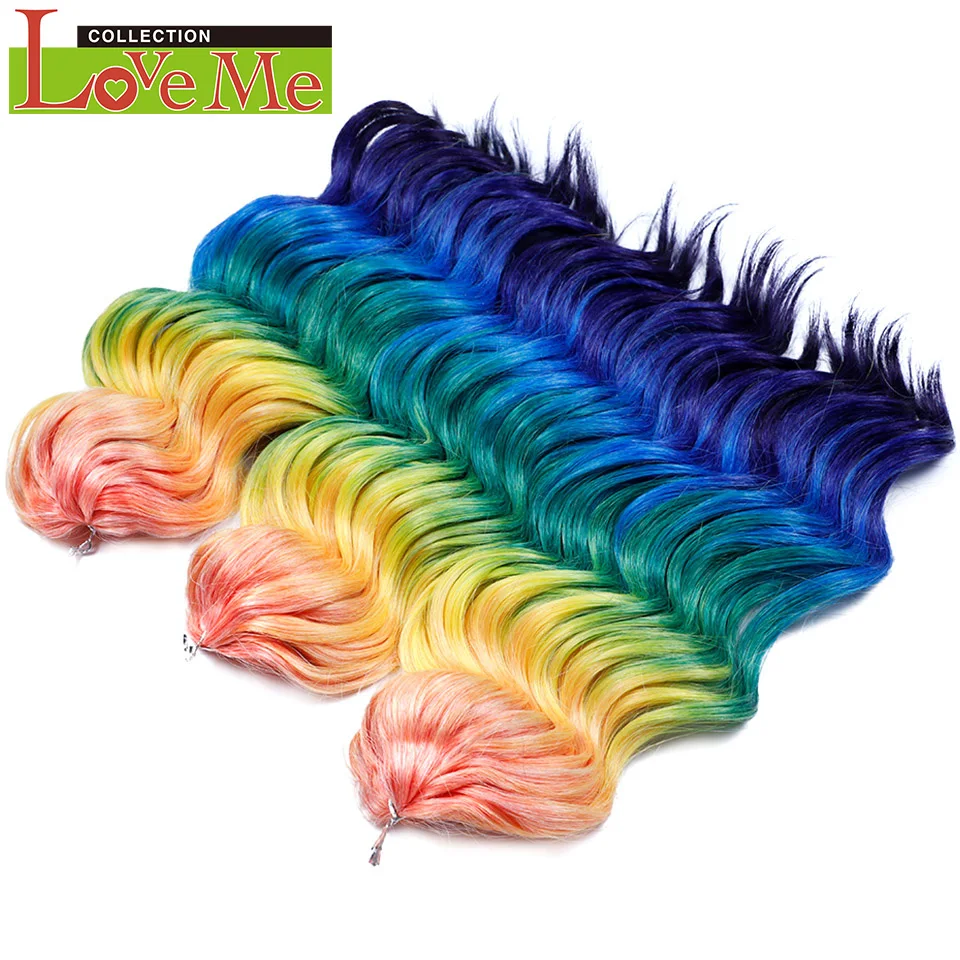 LOVE ME 16inch 300g/3pc Deep Wavy Hair Twist Crochet Hair Synthetic Crochet Braids Green Rainbow Water Wave Hair Extensions