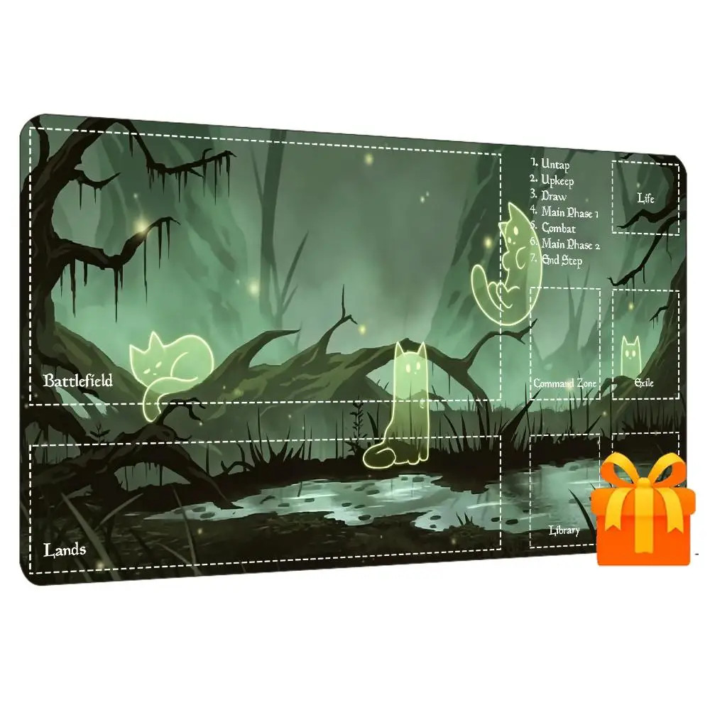 Mysterious Glowing Swamp Forest Fantasy Game Playmat Non Slip Rubber Stitched Edge For Card Game Desk Laptop Gaming