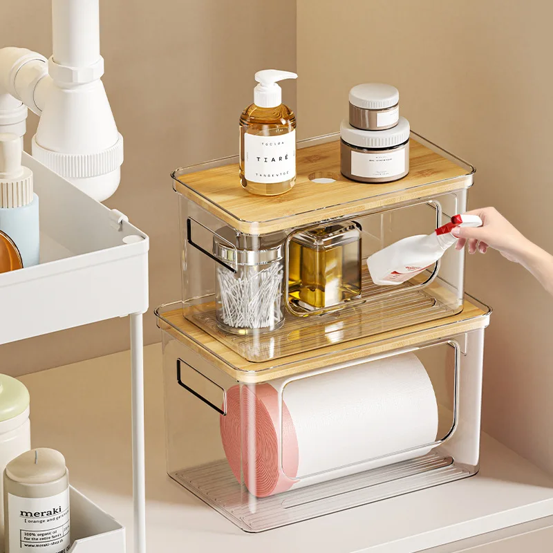 

Wood Lid Storage Box - Stackable Kitchen Organizer with 6 Rolls Trash Bag Holder, Desktop Household Supply Container