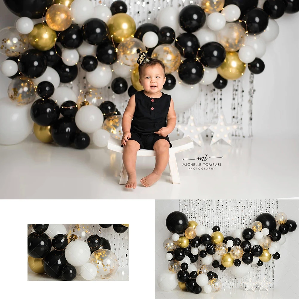 

Black And Gold Balloons Wall Backdrops Kids Baby Birthday Cake Smash Photocall Decors Child Adult Photography Backgrounds