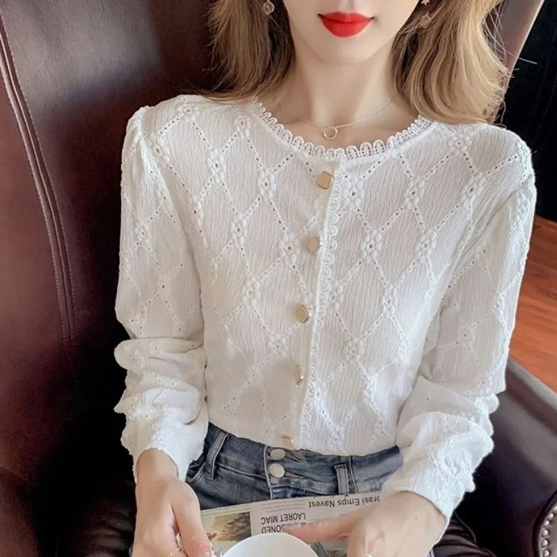 Casual Office Lace Flower Side Blouse Women New Long Sleeve Classic Embroidered Personality Button O-collar Slim Lady Shirt 2022
