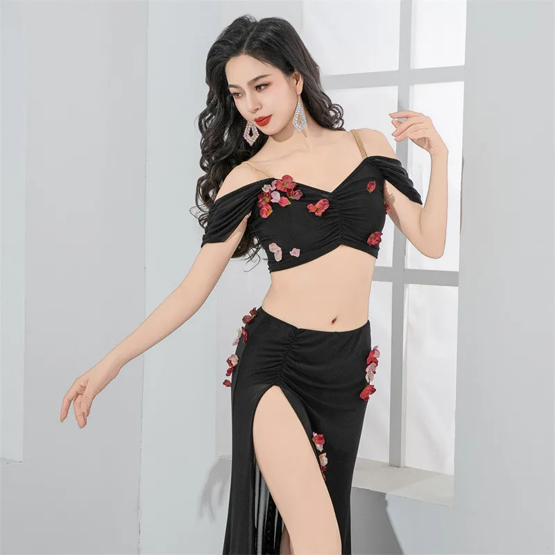 2025 Summer Bellydance Costume 2 Piece Long Skirt Short Shoulder Off Sleeve 3D Flower Team Dance Oriental Gauze Top Sexy Stage