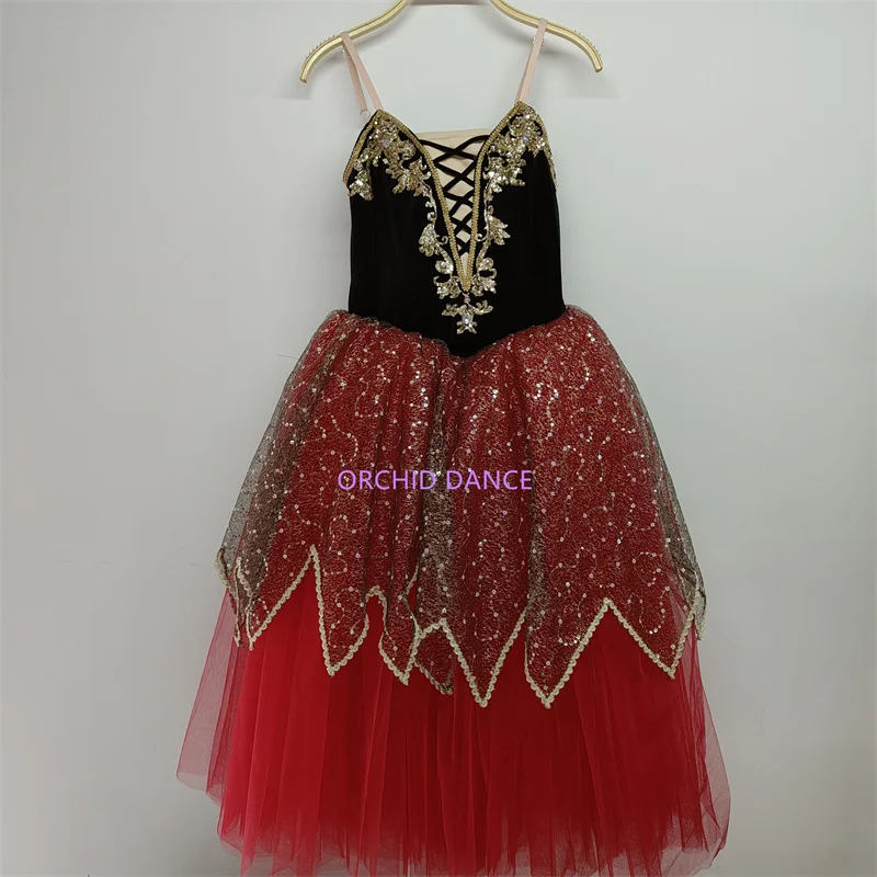 

BT01250 High Quality Custom Size Kids Girls Ballet Dance Performance Wear Gilsay Red Long Romantic Tutu Dress