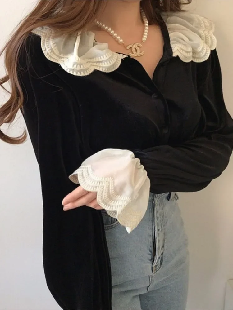 Autumn Velvet Shirts Tops Women Lace Patchwork Fashion Ruffle Long Sleeve Ladies Blouses Vintage Korean Loose Woman Shirt L169