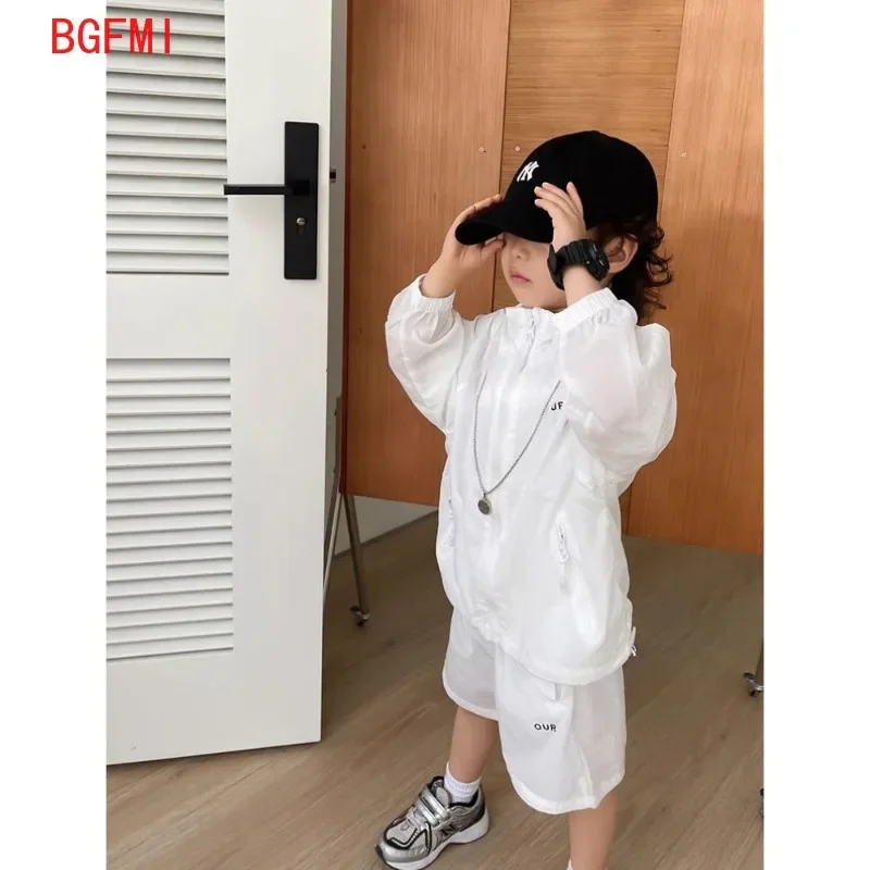 Summer Sunscreen Suit New Korean Boys & Girls Fashionable Sportswear Zippered Long Sleeved Thin Jacket + Shorts 2-piece Set