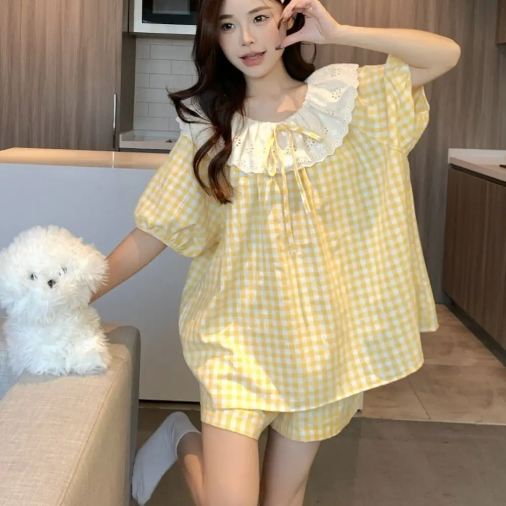 Spitze Rüschen Spitze Gitter Pyjama Anzug Rundhals Lose Shorts Leibchen Nachtwäsche Kurzarm Frauen Homewear