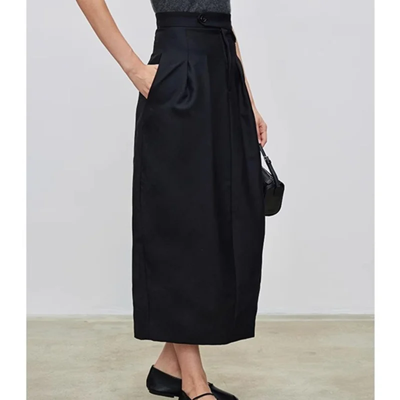 กระโปรงทรงเอวสูงจีบสีดำสไตล์มินิมอลแบบฝรั่งเศสของเจนนี่แอนด์เดฟ  ชุดสูทผ้าขนสัตว์สำหรับผู้หญิง  กระโปรงทรงหรูหรา