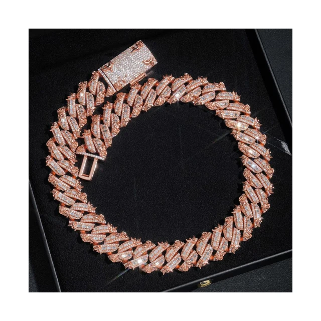 Silver Stamped 18k Rose Gold Plated Tapered Baguette Prong Set Cuban Link Chain Complete with Vvs1 D-colour Moissanite Diamonds