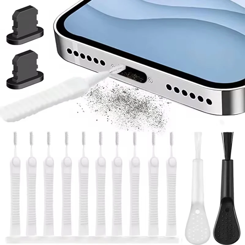 Mobile Phone Charging Port Dust Plug with Cleaning Brush for iPhone 15 14 13 16 17 Pro Max Samsung Xiaomi Type C Cleaner Set
