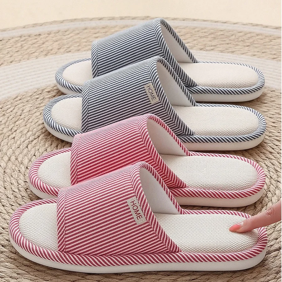 

Women's Linen Slippers Spring Summer Breathable House Shoes Indoor Non-Slip Men's Concise Striped Silent Flats Japanese Style