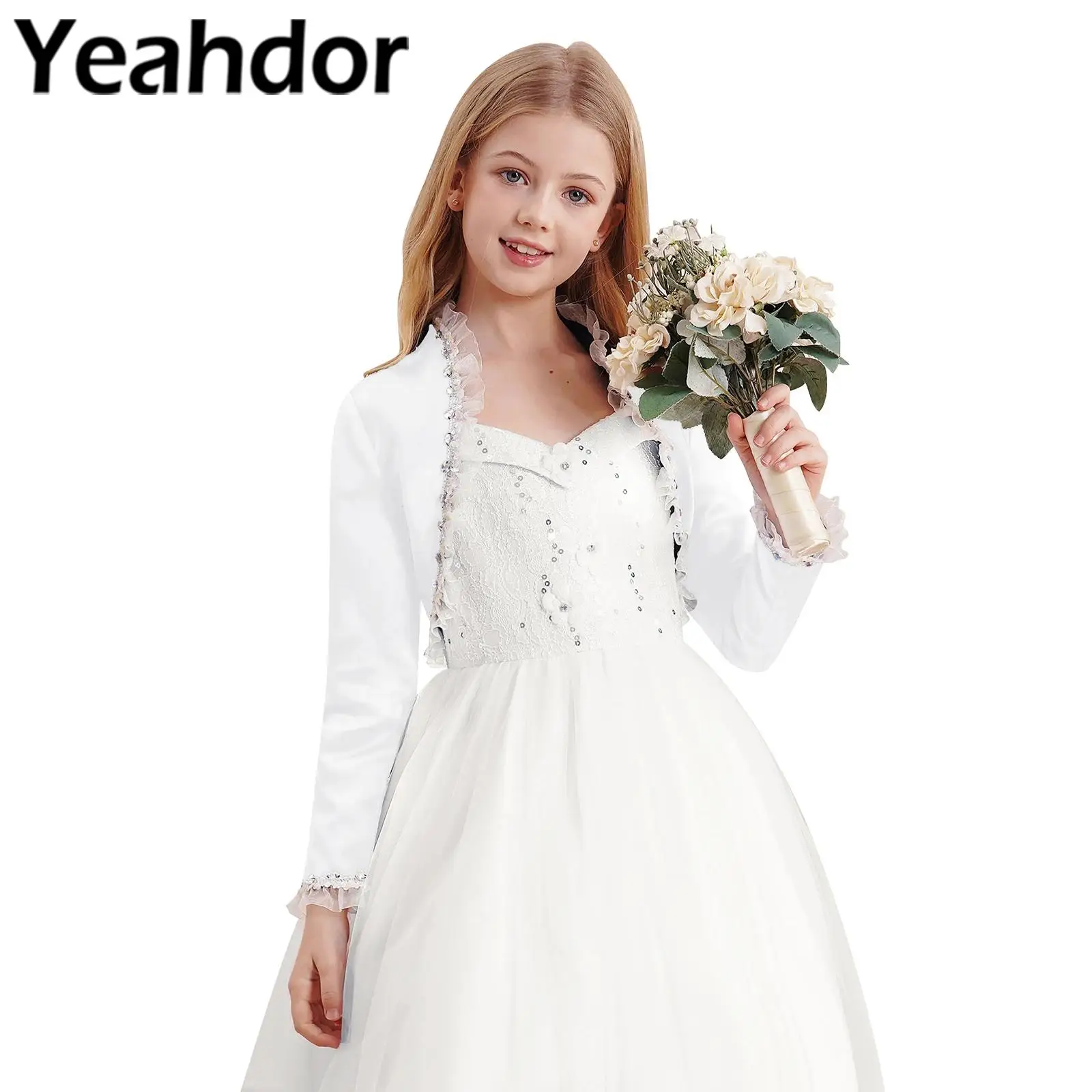 

Flower Girls Dress Jacket Wedding Bolero Children Elegant Satin Wrap Long Sleeve Open Front Crop Cardigan Party Shrug Accessory