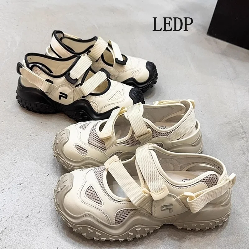 

LEDP Brand Mary Jane Retro Ugly Women's Shoes 2024 Summer New Mesh Cloth Tire Thick Bottom Hollow Sports Sandals Anti-slip Wear